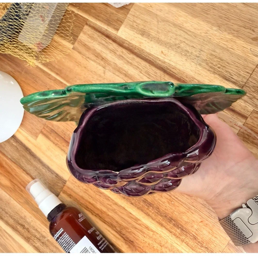 Vintage Ceramic Grape Wall Pocket Planter Purple Fruit Majolica Style Hanging